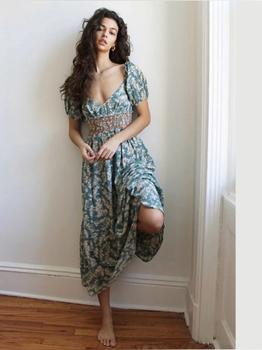 Free People Ellie Printed Maxi Dress Teal Floral Smocked Boho XL cottagecore